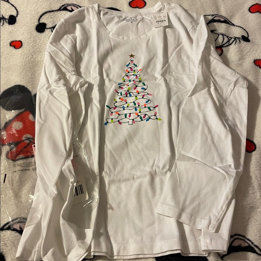 NWT J. Crew Long Sleeve white T-shirt: sparkly gold Christmas tree with lights